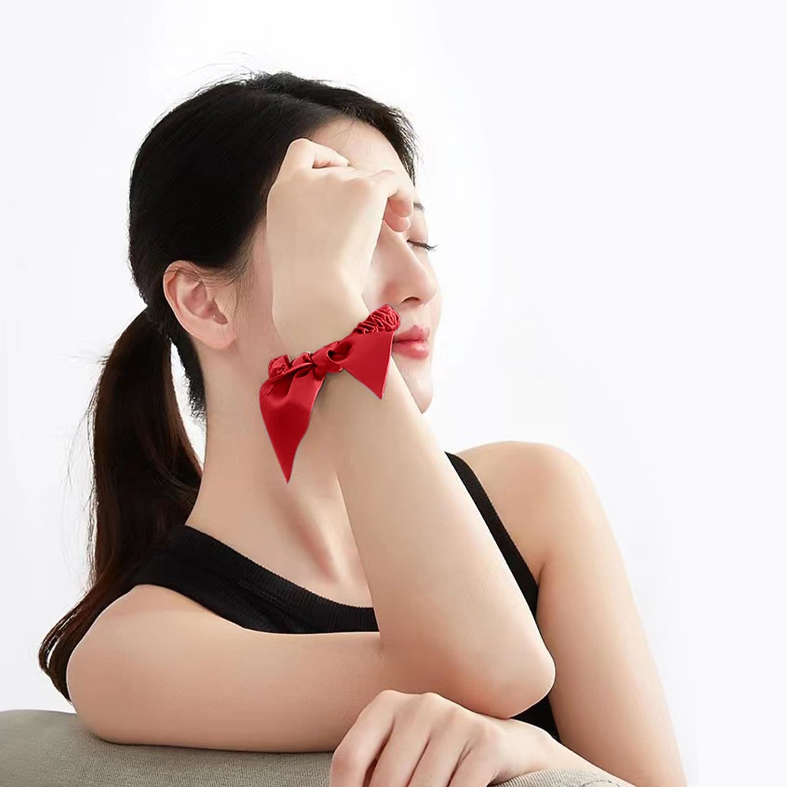 Silk Scrunchies with Bow for Women Pure Mulberry Silk Hair Ties Free Size Red