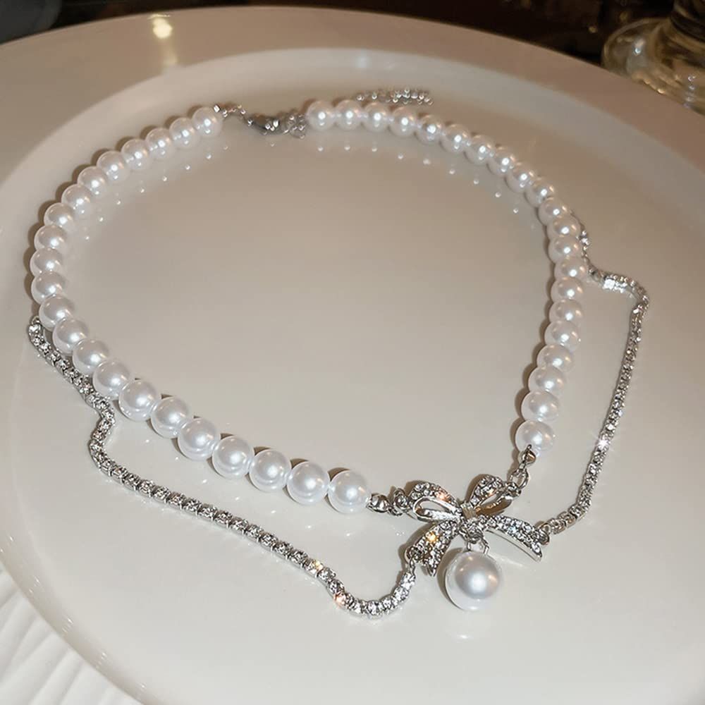 Late Romance~Sparkling Diamond Bow Pearl Necklace for Women with a Cold Design, Cold Wind Neck Chain, Clavicle Chain