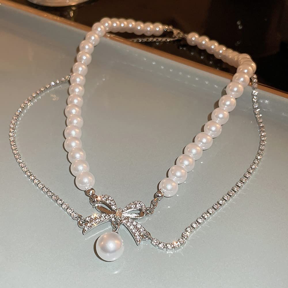 Late Romance~Sparkling Diamond Bow Pearl Necklace for Women with a Cold Design, Cold Wind Neck Chain, Clavicle Chain
