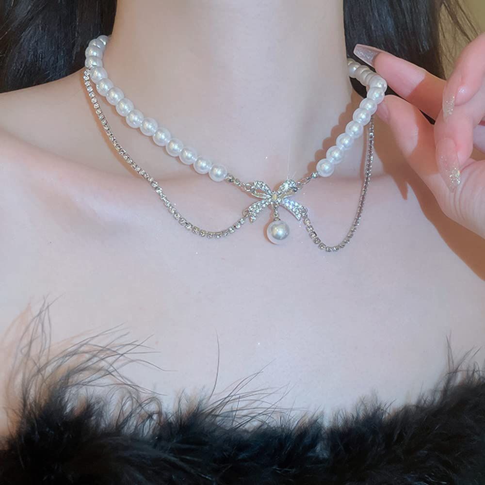 Late Romance~Sparkling Diamond Bow Pearl Necklace for Women with a Cold Design, Cold Wind Neck Chain, Clavicle Chain