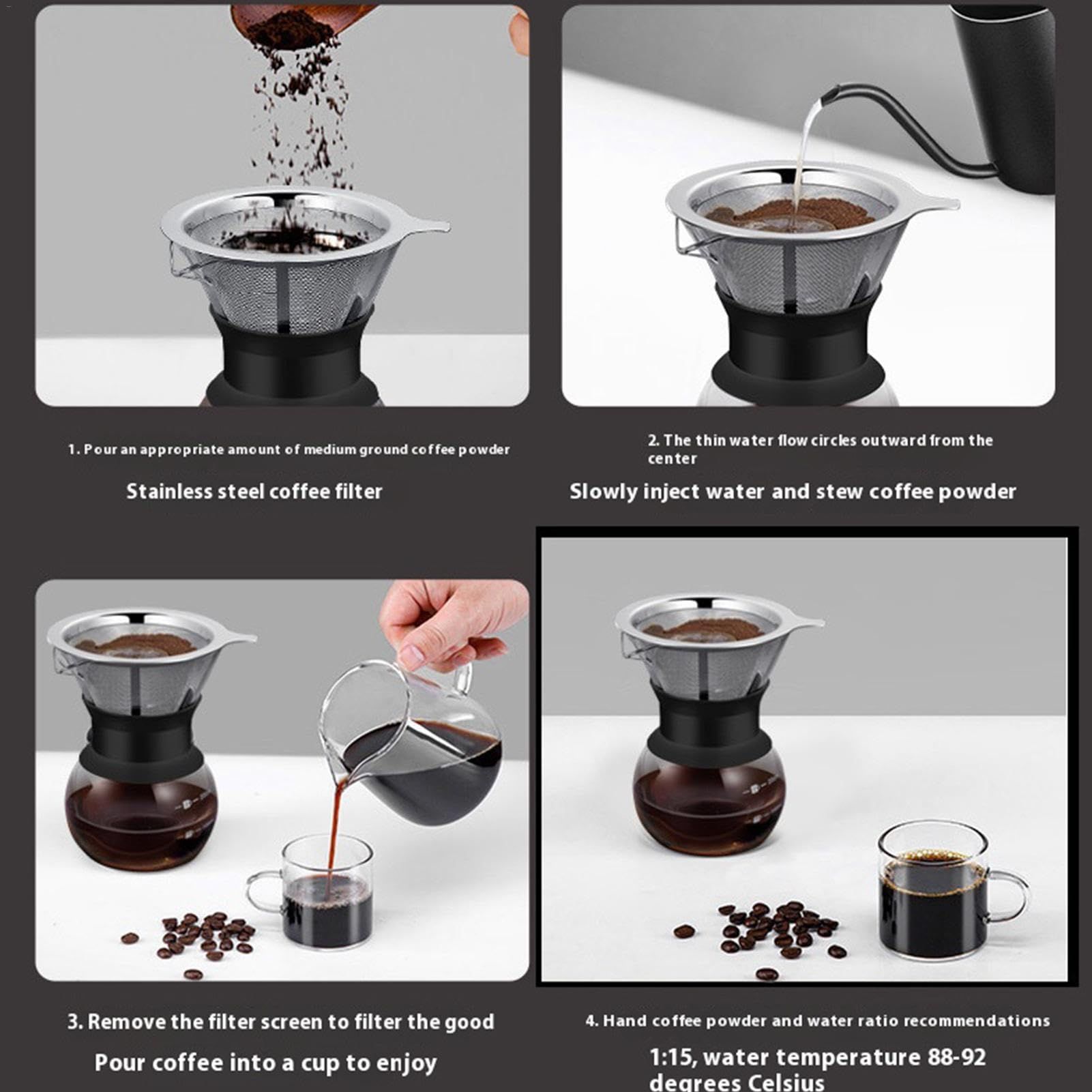 Stainless Steel Coffee Filter, Slow Drip Paperless Coffee Filter, Easy to Clean Pour Over Coffee Maker, Reusable Cone Filter