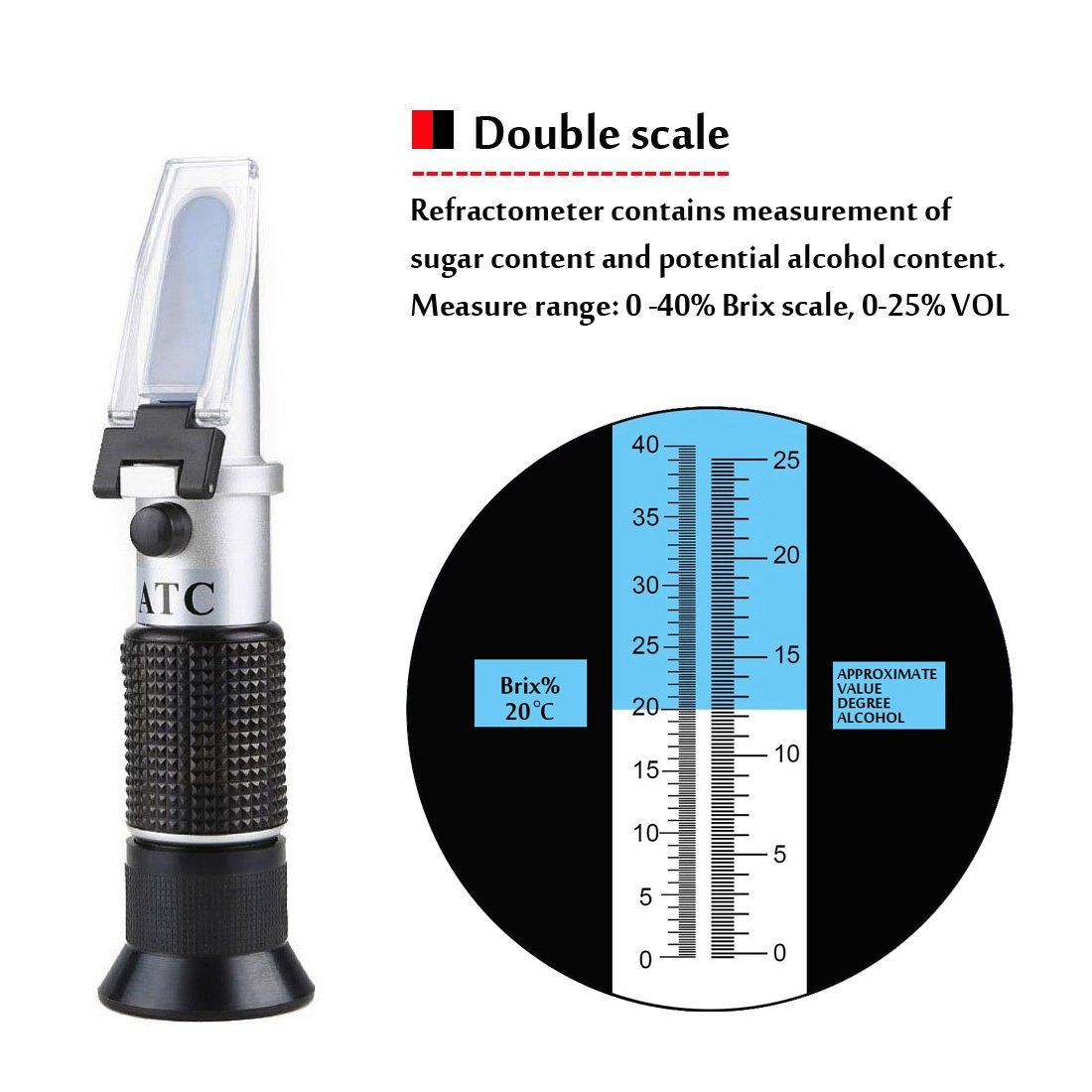 Wine Refractometer,V-Resourcing Hand Held Brix/Alcohol Refractometer with ATC for Wine Making Homebrew Kit, Dual Scale