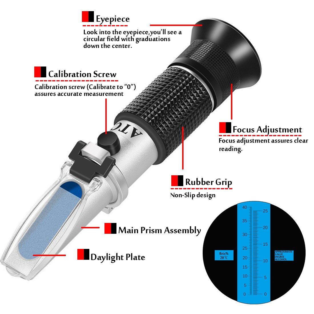 Wine Refractometer,V-Resourcing Hand Held Brix/Alcohol Refractometer with ATC for Wine Making Homebrew Kit, Dual Scale