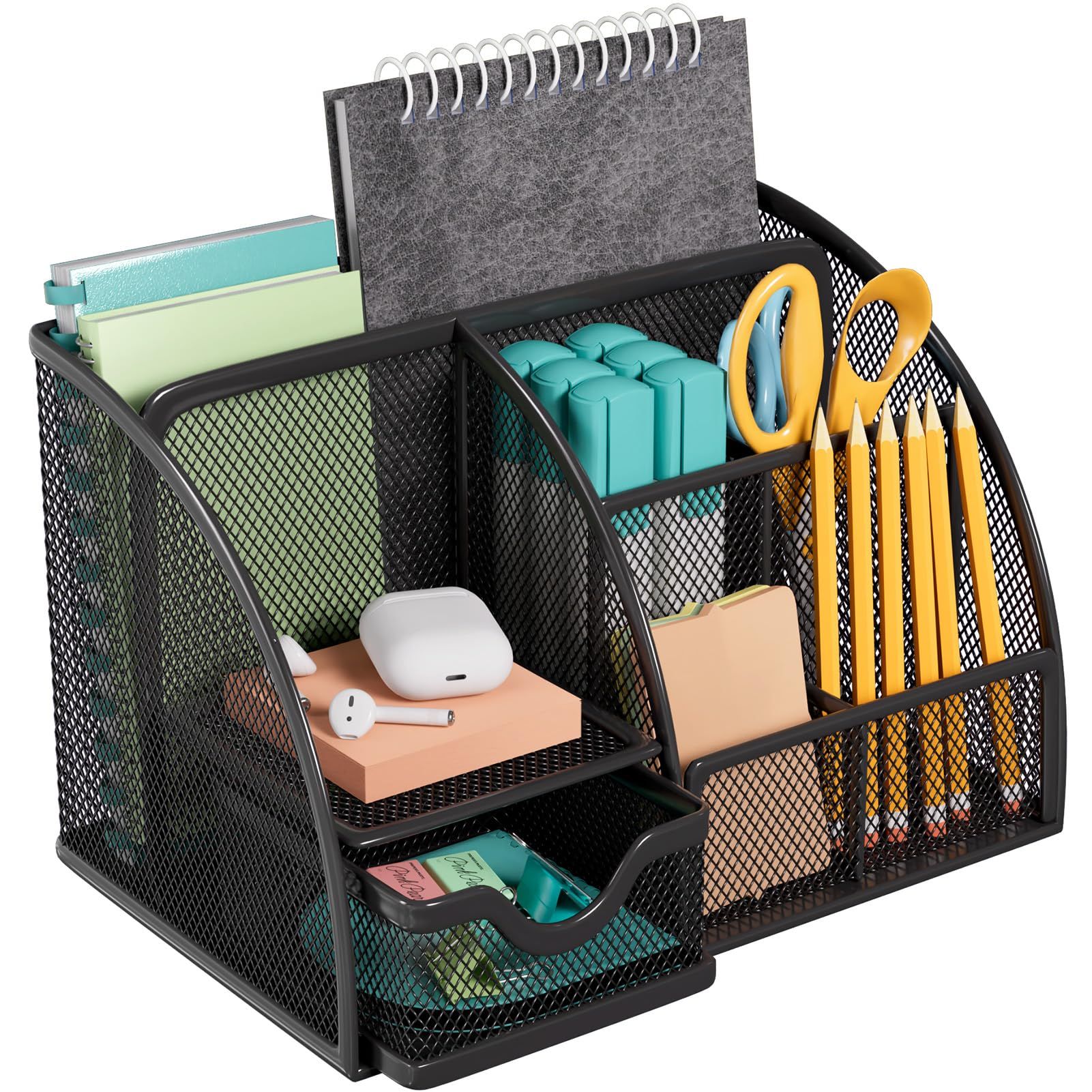 Mesh Desk Organizer, Desktop Organizer with Drawer, Office Supplies Multi-Functional Caddy, Metal Stationary Black Desk Caddy
