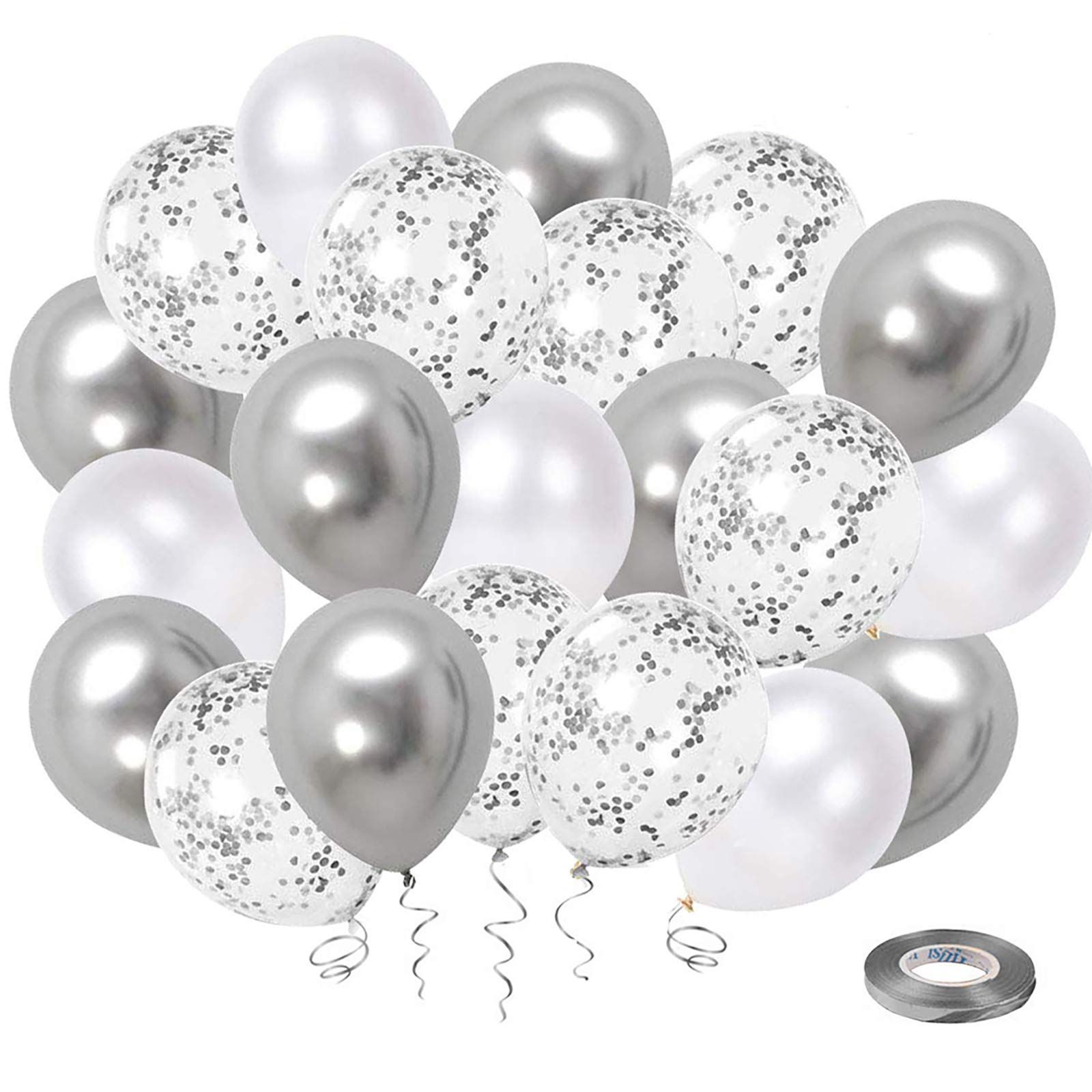 Silver Metallic Chrome Party Balloon Set with Silver Ribbon for Wedding Birthday Baby Shower Decorations