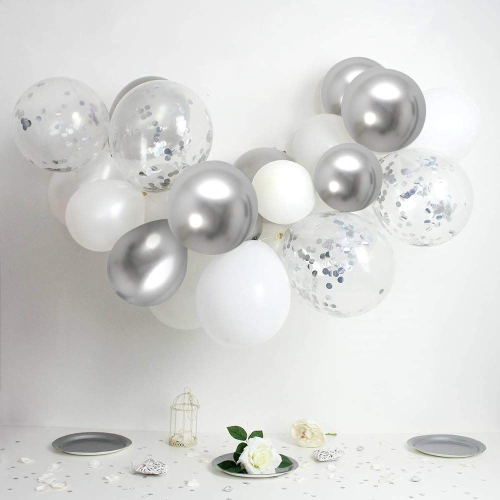 Silver Metallic Chrome Party Balloon Set with Silver Ribbon for Wedding Birthday Baby Shower Decorations
