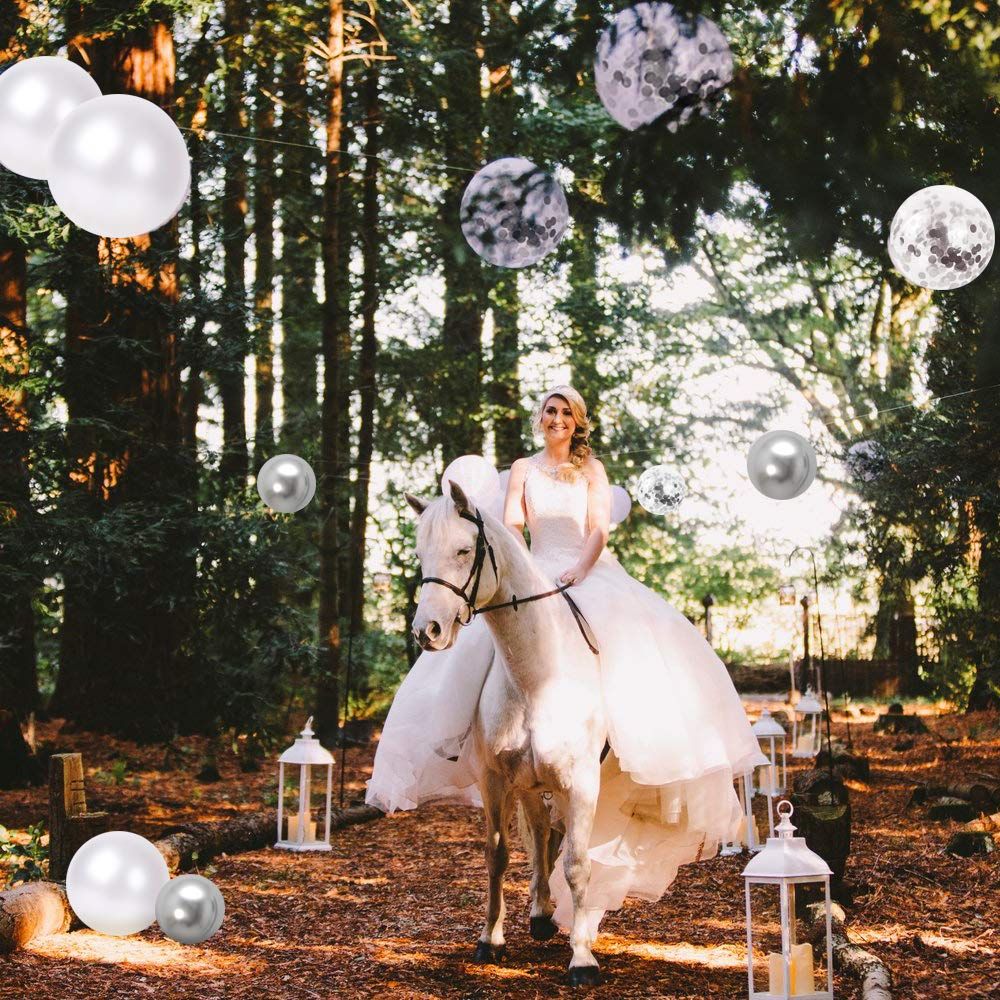 Silver Metallic Chrome Party Balloon Set with Silver Ribbon for Wedding Birthday Baby Shower Decorations