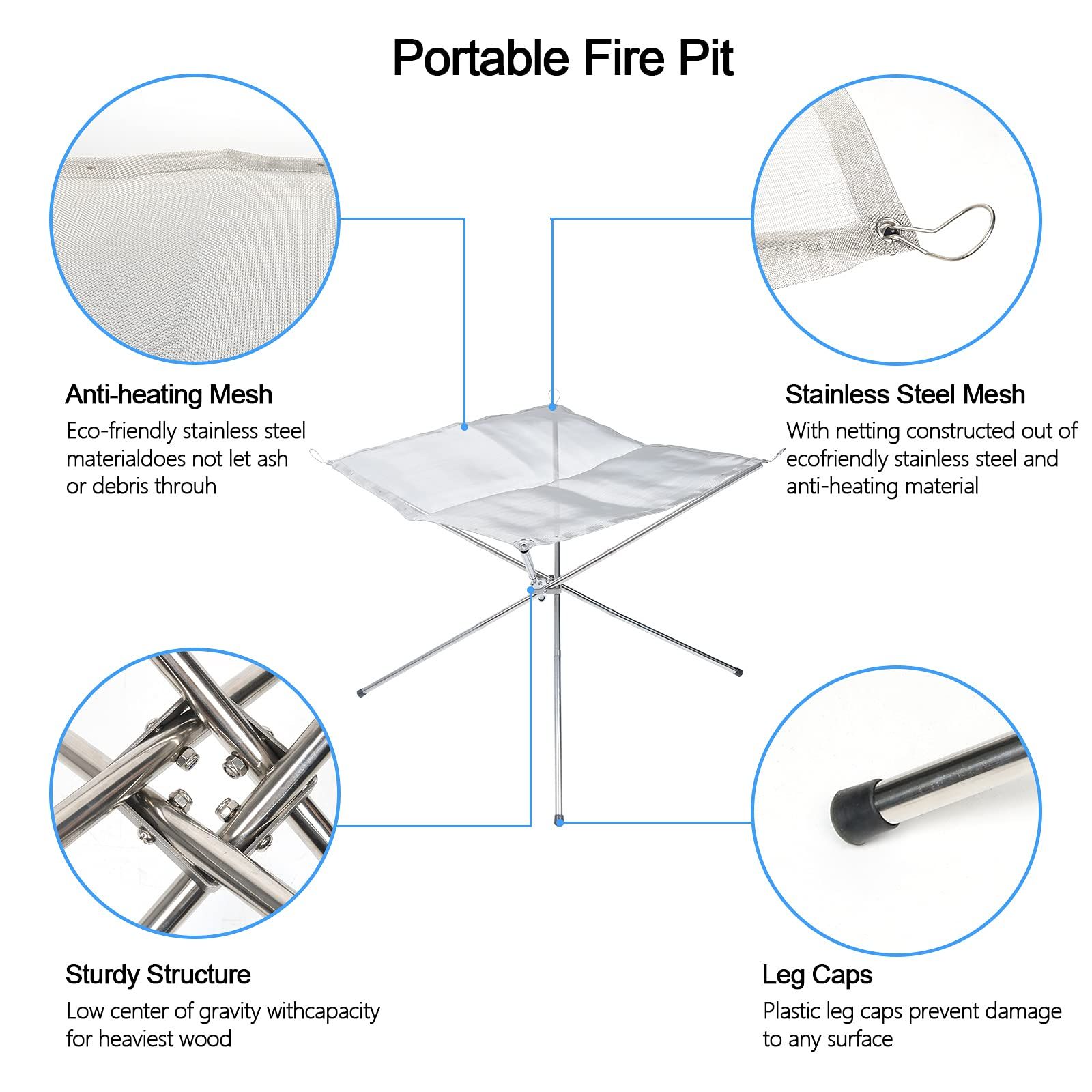 Portable Fire Pit Outdoor for Camping, Folding Steel Mesh Fireplace with Carry Bag for Outdoor Hiking Camping Survival BBQ Picnic