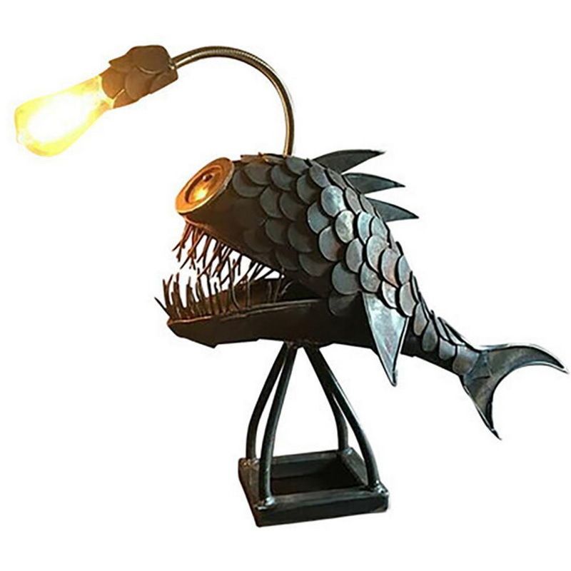 Angler's fish light steampunk, vintage wrought iron handmade statue, marine animal decoration, bedroom lighting