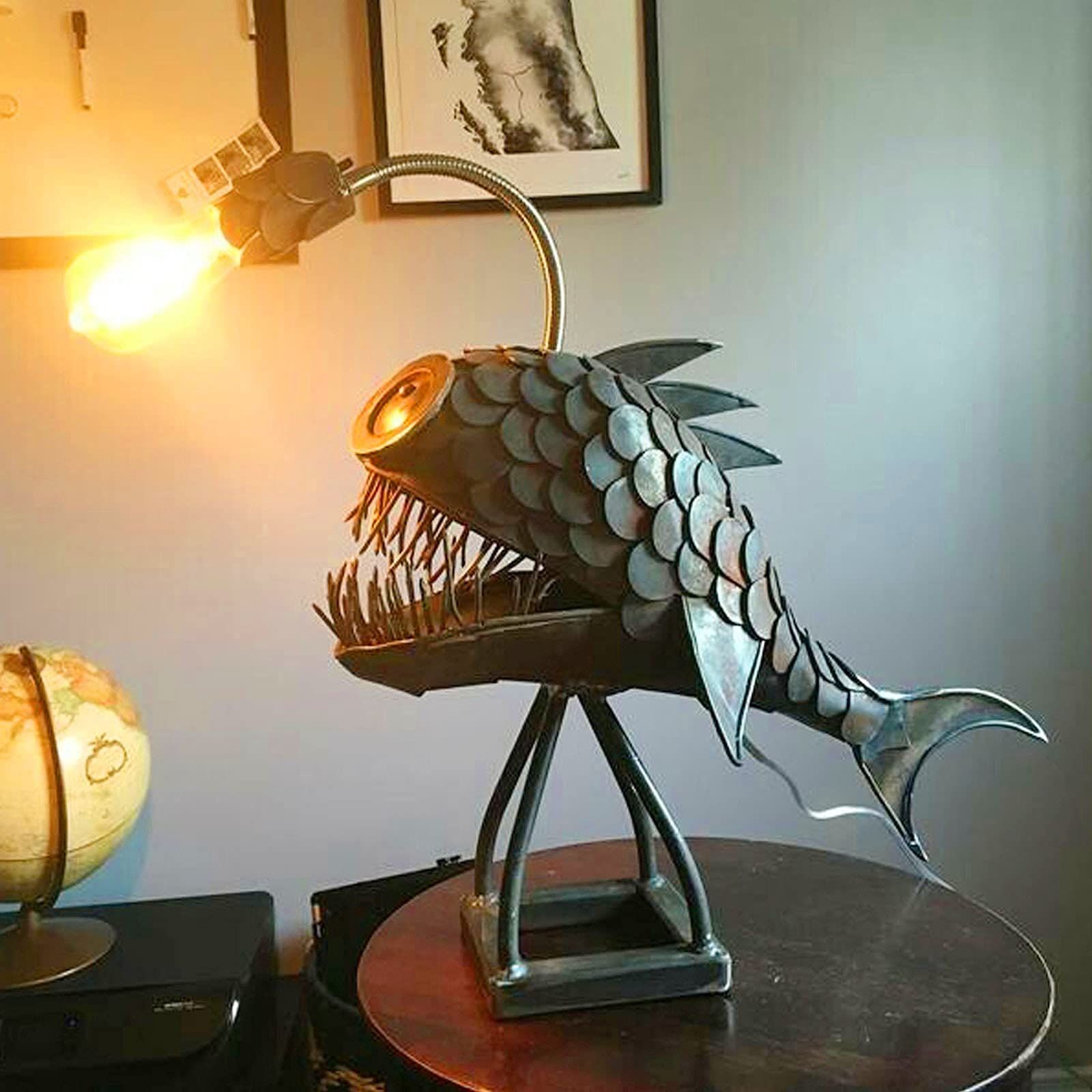 Angler's fish light steampunk, vintage wrought iron handmade statue, marine animal decoration, bedroom lighting