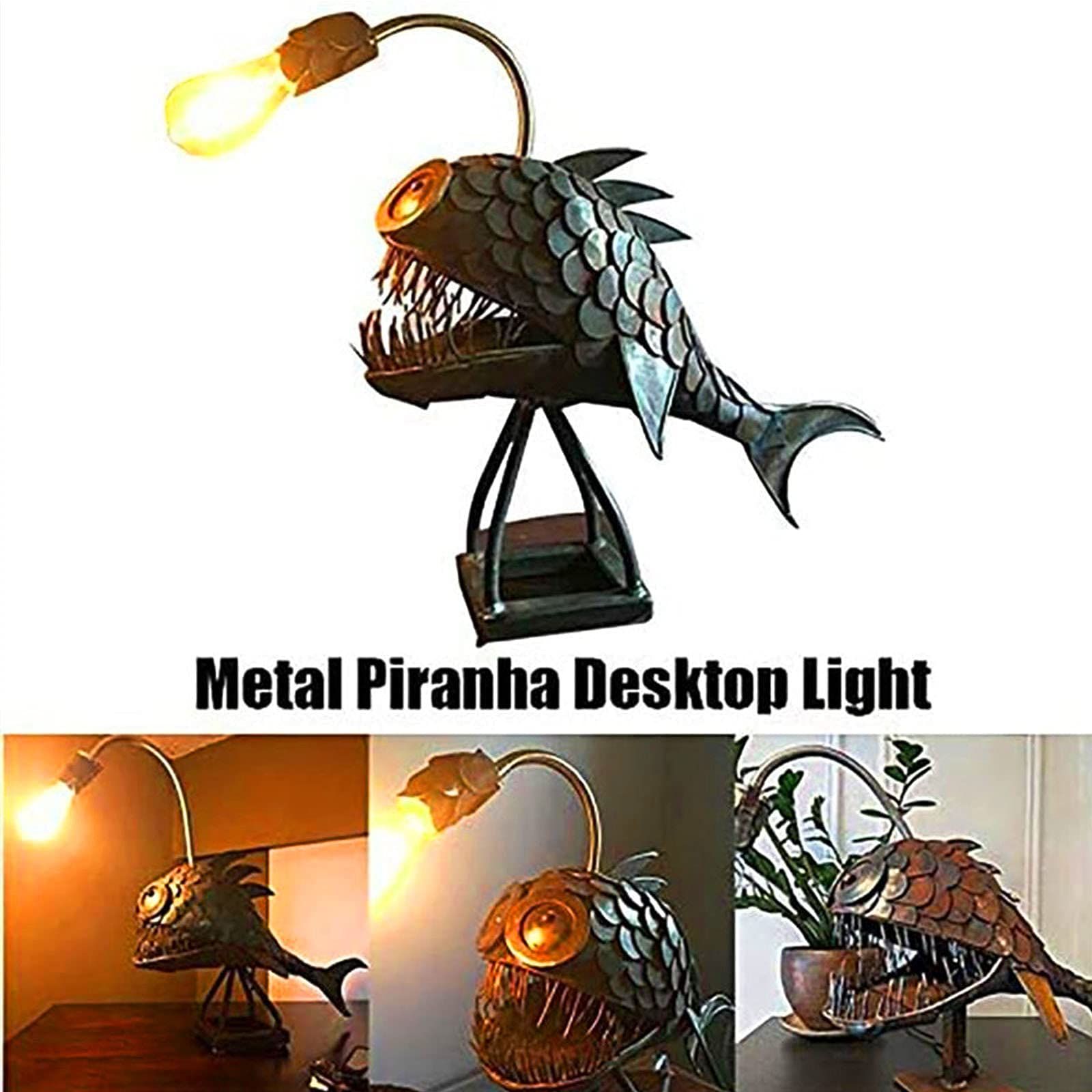 Angler's fish light steampunk, vintage wrought iron handmade statue, marine animal decoration, bedroom lighting