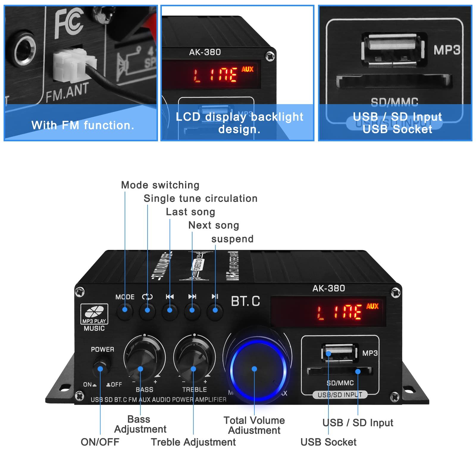 Audio Power Amplifier Stereo Speaker BluetoothAmp Receiver with Power Supply,Remote Control,FM Antenna for Car Home Bar Party