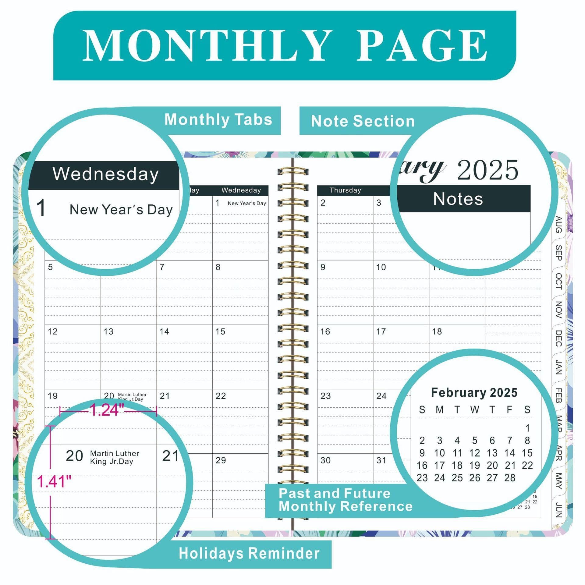 Planner 2024-2025 Academic Planner 6.4" x 8.5" Floral Theme Twin-Wire Binding