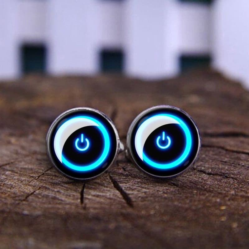 Cufflinks Computer Power Button Design Handmade Round Glass Metal 0.7 Inch