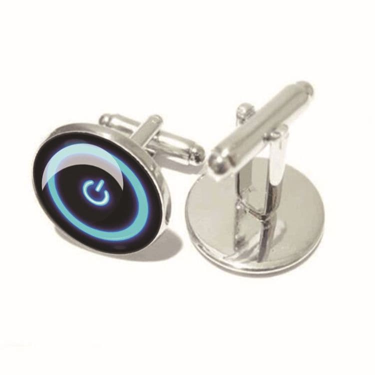 Cufflinks Computer Power Button Design Handmade Round Glass Metal 0.7 Inch