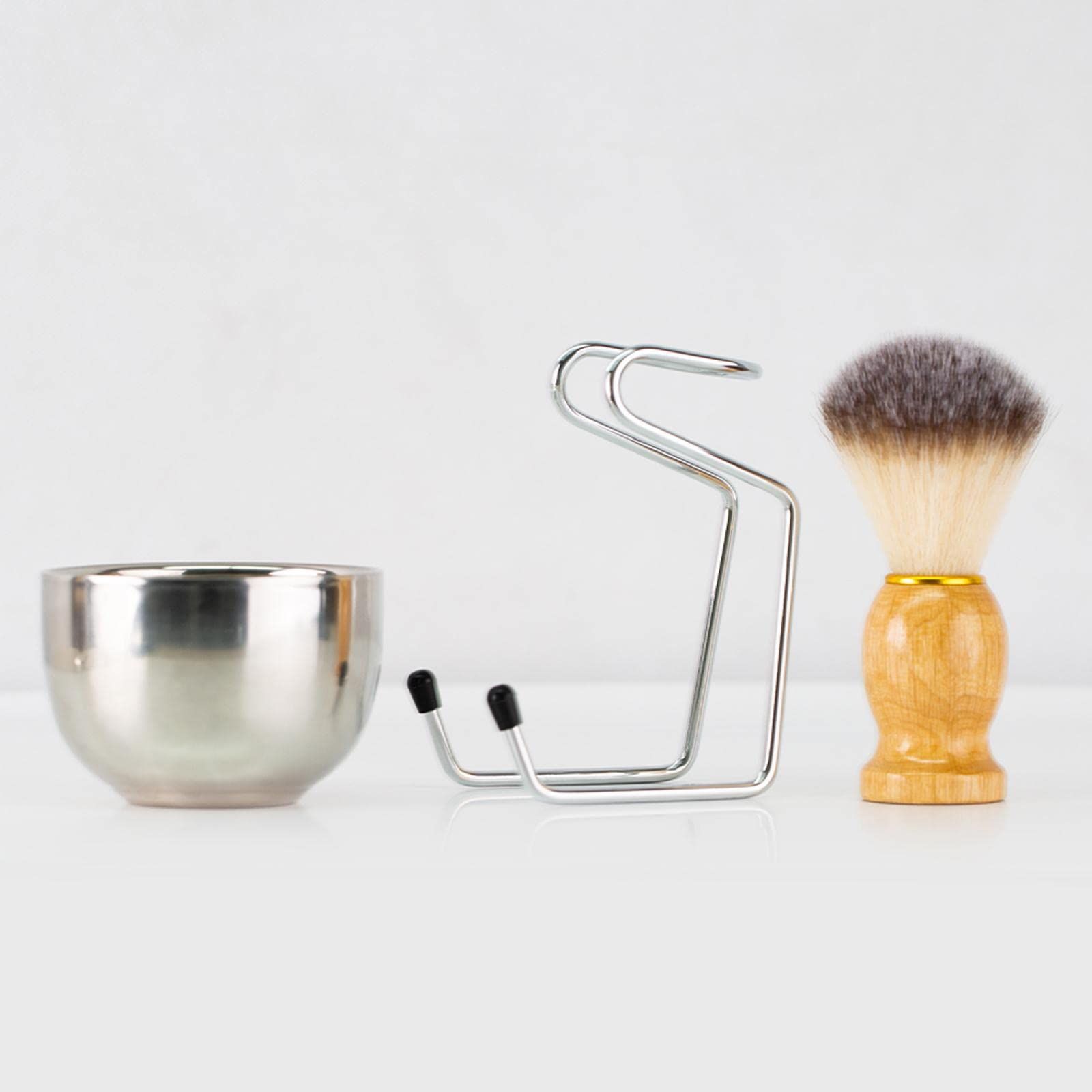 Mens Shaving Brush and Bowl Set, 3-in-1 Shaving Brush Kit Wood Handle with Stainless Steel Shaving Bowl & Brush Stand