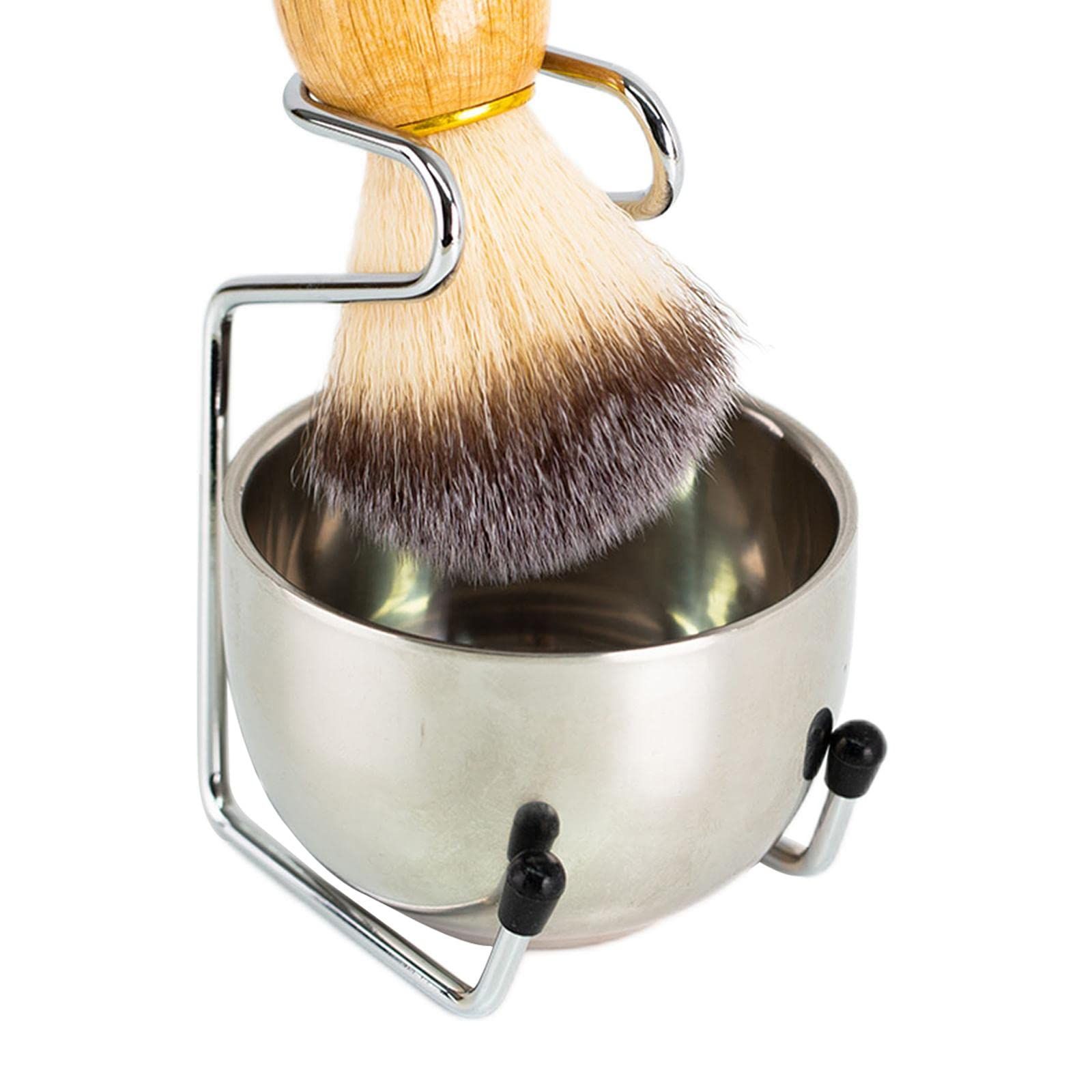 Mens Shaving Brush and Bowl Set, 3-in-1 Shaving Brush Kit Wood Handle with Stainless Steel Shaving Bowl & Brush Stand