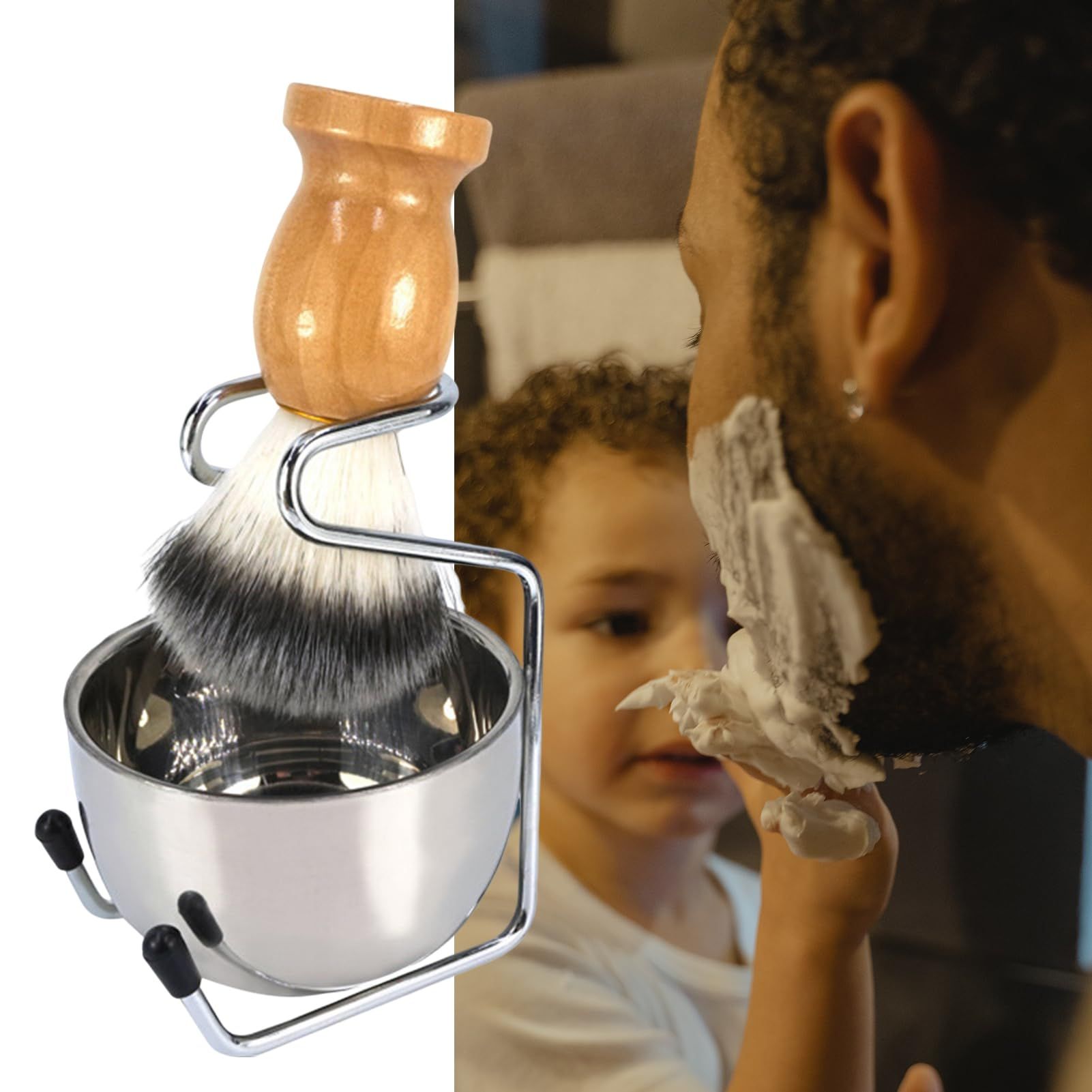 Mens Shaving Brush and Bowl Set, 3-in-1 Shaving Brush Kit Wood Handle with Stainless Steel Shaving Bowl & Brush Stand