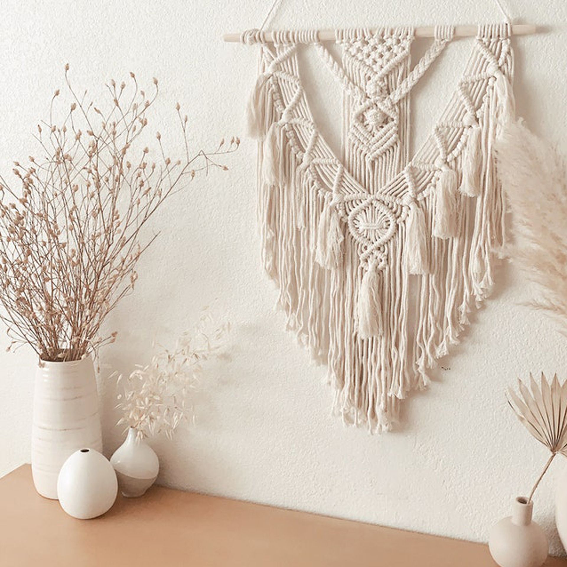 Boho Wall Hanging Decor, Geometric Woven Tapestry Chic Cotton Handmade Bohemian Art with Long Tassel, Craft Ornament