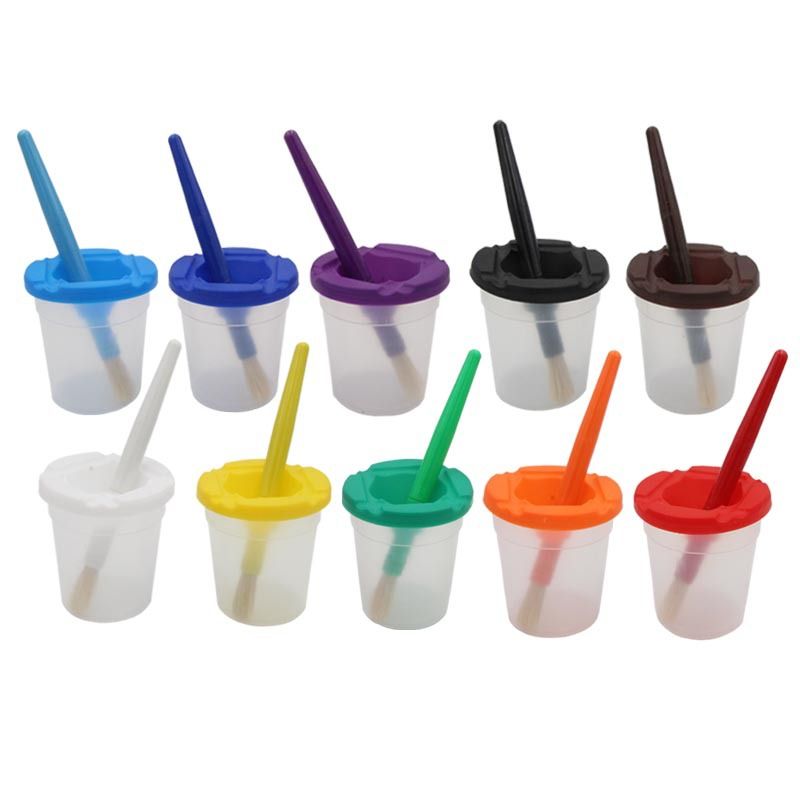 Art Supply 10 Piece Children's No Spill Paint Cups with Colored Lids and 10 Piece Large Round Brush Set with Plastic Handles