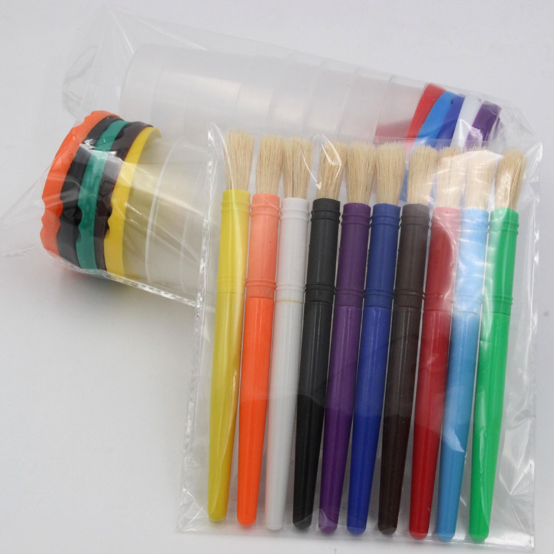 Art Supply 10 Piece Children's No Spill Paint Cups with Colored Lids and 10 Piece Large Round Brush Set with Plastic Handles