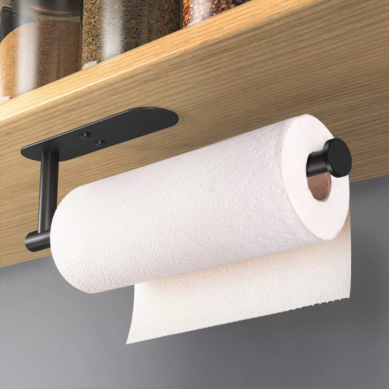 Adhesive Paper Towel Holder Under Cabinet Wall Mount for Kitchen Towel, Black Roll Stick to Wall, Stainless Steel