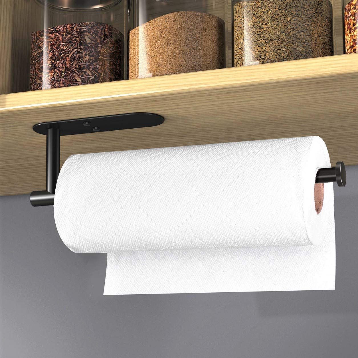 Adhesive Paper Towel Holder Under Cabinet Wall Mount for Kitchen Towel, Black Roll Stick to Wall, Stainless Steel