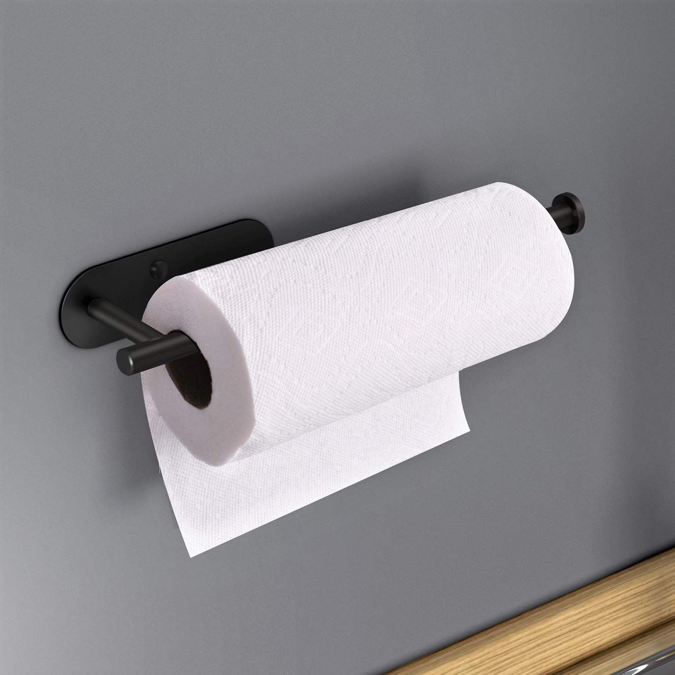 Adhesive Paper Towel Holder Under Cabinet Wall Mount for Kitchen Towel, Black Roll Stick to Wall, Stainless Steel
