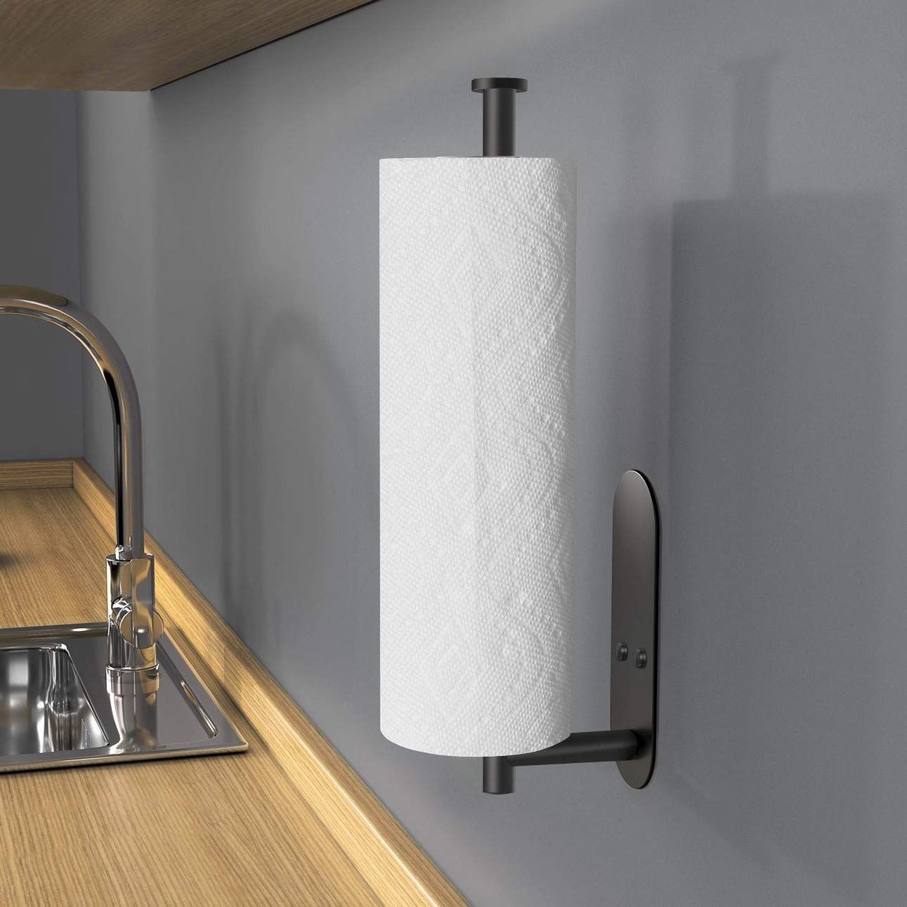Adhesive Paper Towel Holder Under Cabinet Wall Mount for Kitchen Towel, Black Roll Stick to Wall, Stainless Steel