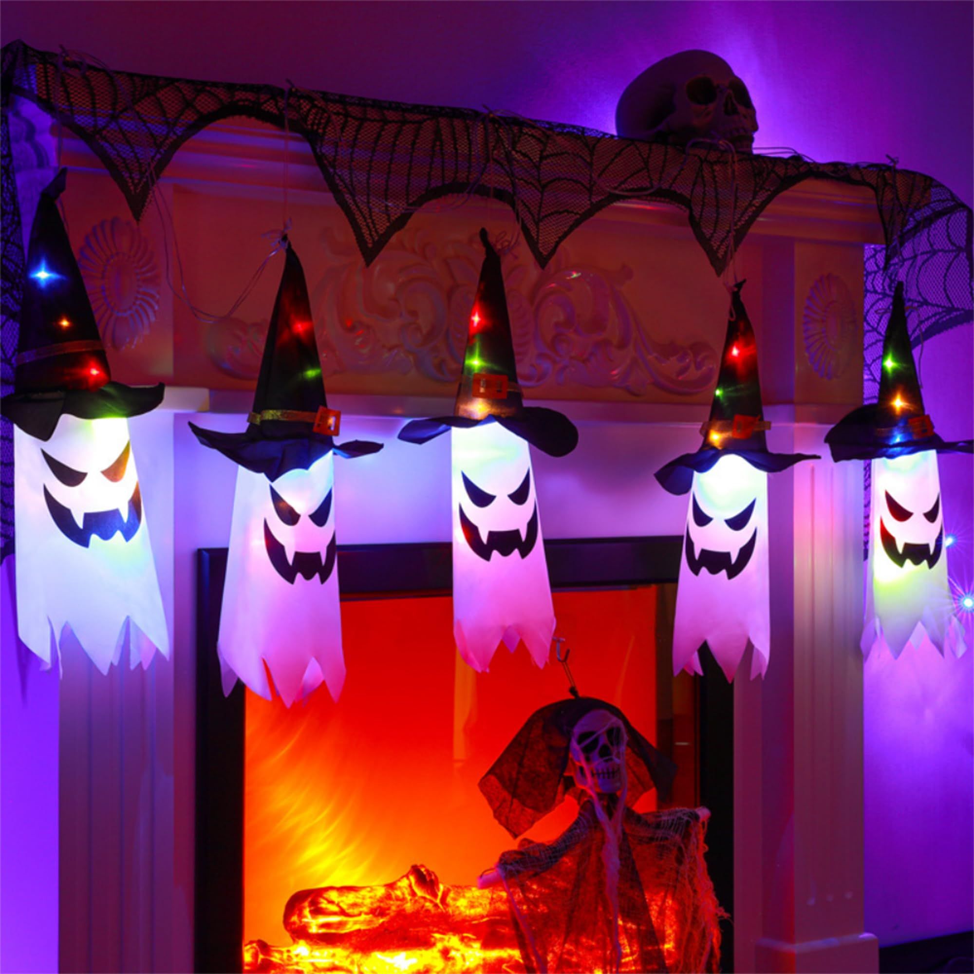 Halloween Decorations Outdoor, Halloween Flying Ghost Hats Hanging Witch Hat for Tree Decor with Lights 5 Pack Lighted Glowing