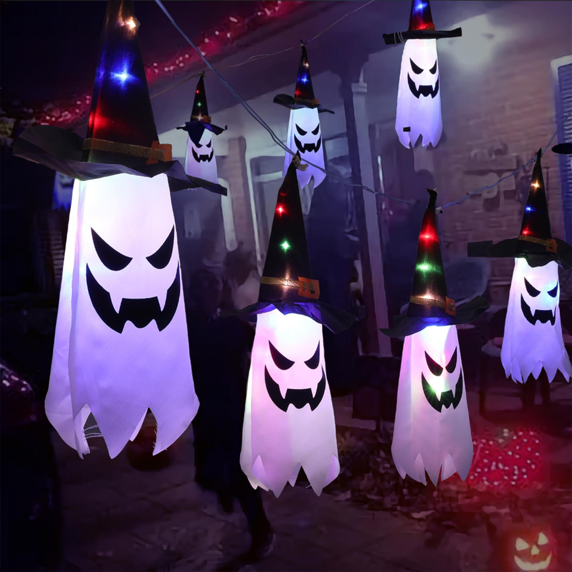 Halloween Decorations Outdoor, Halloween Flying Ghost Hats Hanging Witch Hat for Tree Decor with Lights 5 Pack Lighted Glowing