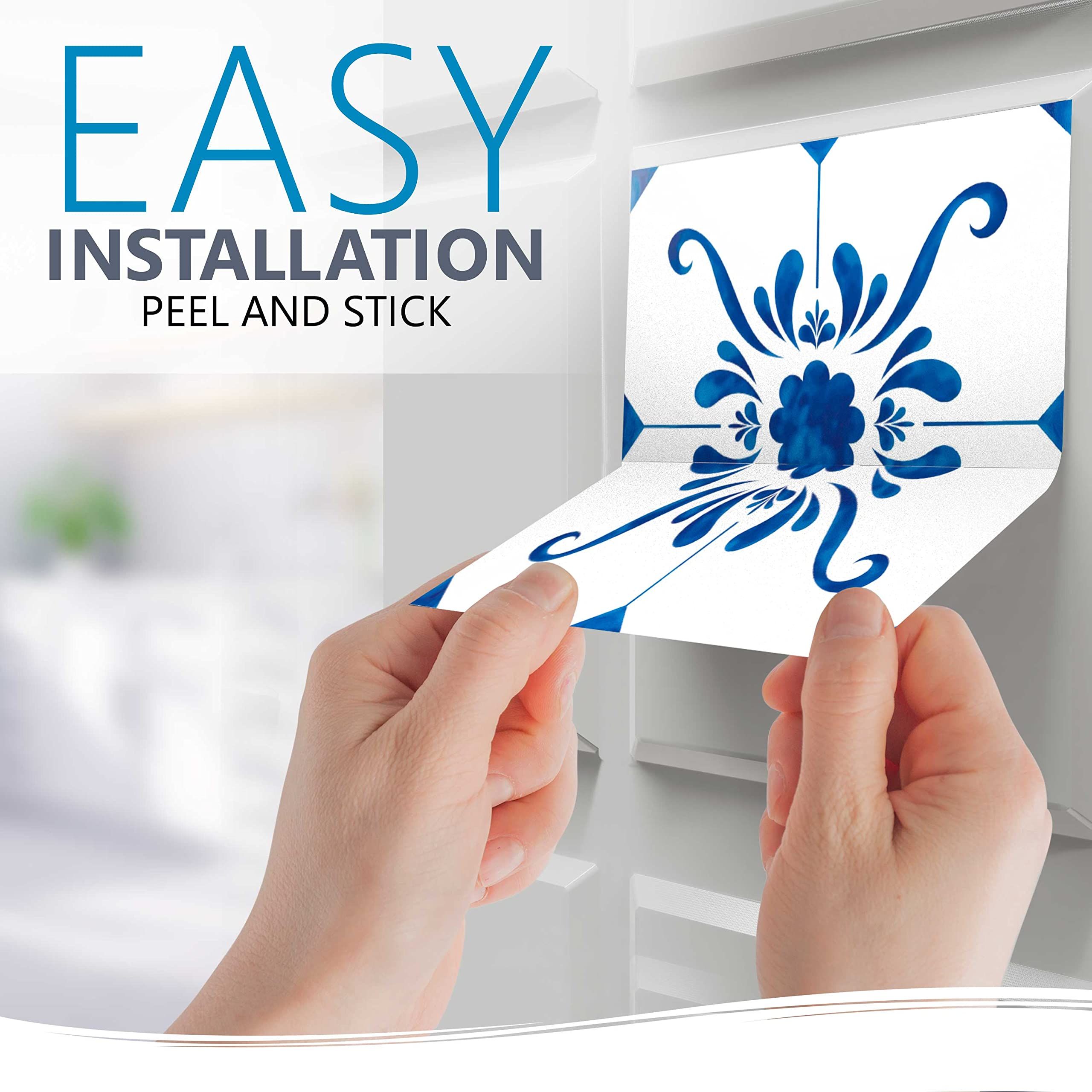 Tile Sticker Peel and Stick Easy Application – Ideal for Bathroom, Kitchen Wall Tile Decals (Blue and White, 4x4 Inch)