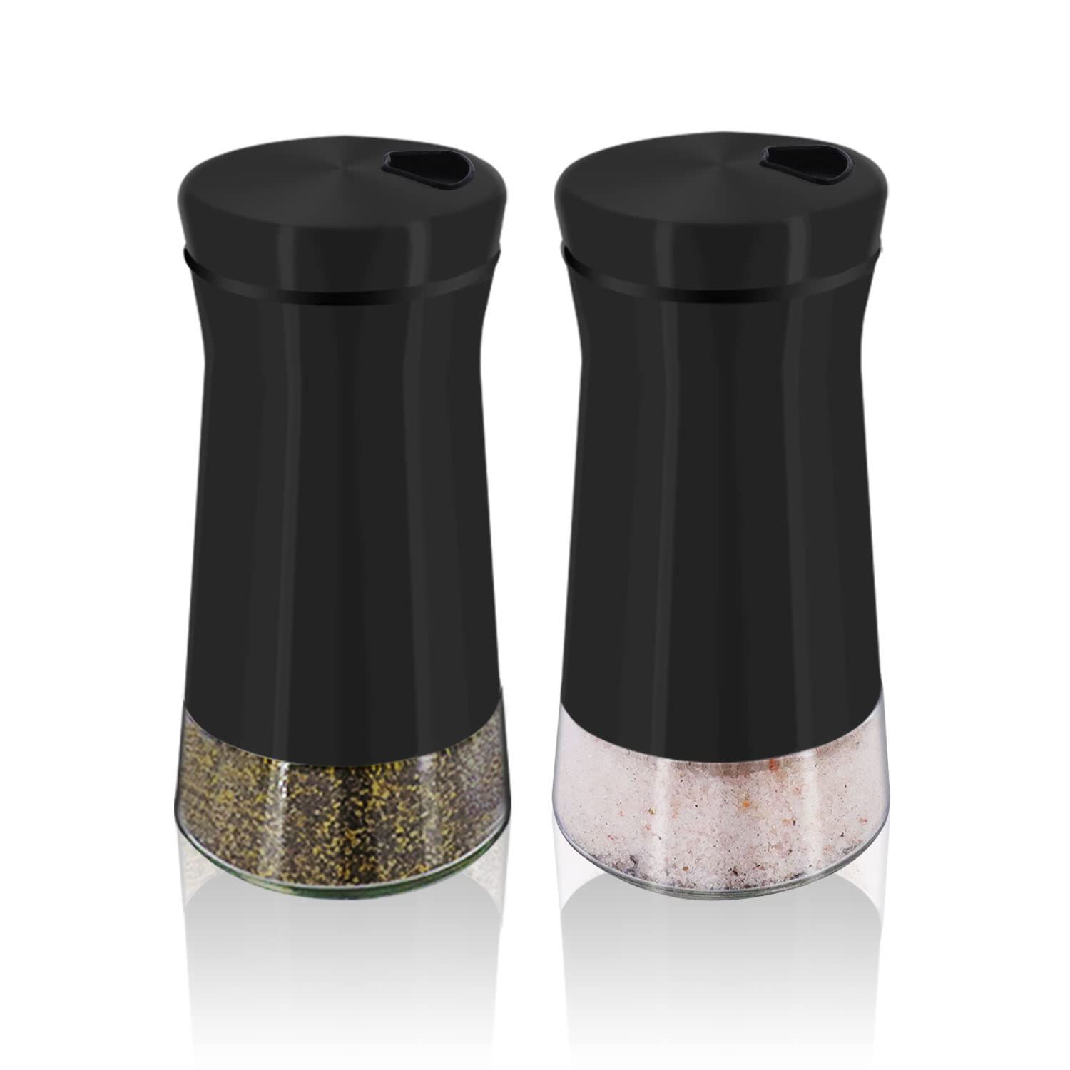 Pepper Shakers with Adjustable Pour Holes Elegant Stainless Steel Salt and Pepper Dispenser Perfect for Sea Salts 2Pcs, Black