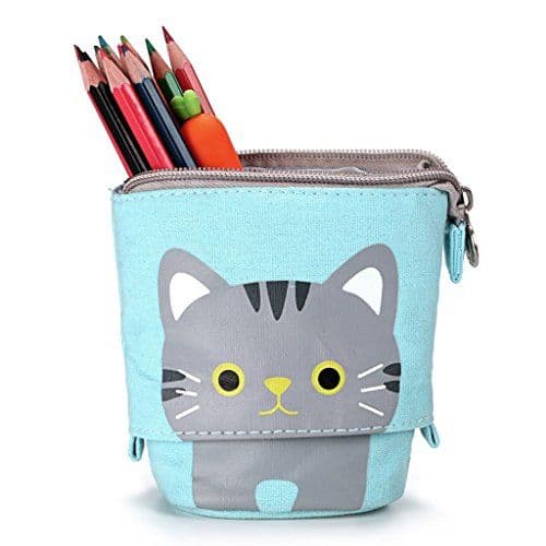 Telescopic Pencil Pouch Standing Pen Holder Cute Pencil Bags Stand Up Pen Case Cartoon Pencil/Pens Storage Box Canvas+PU (Blue)