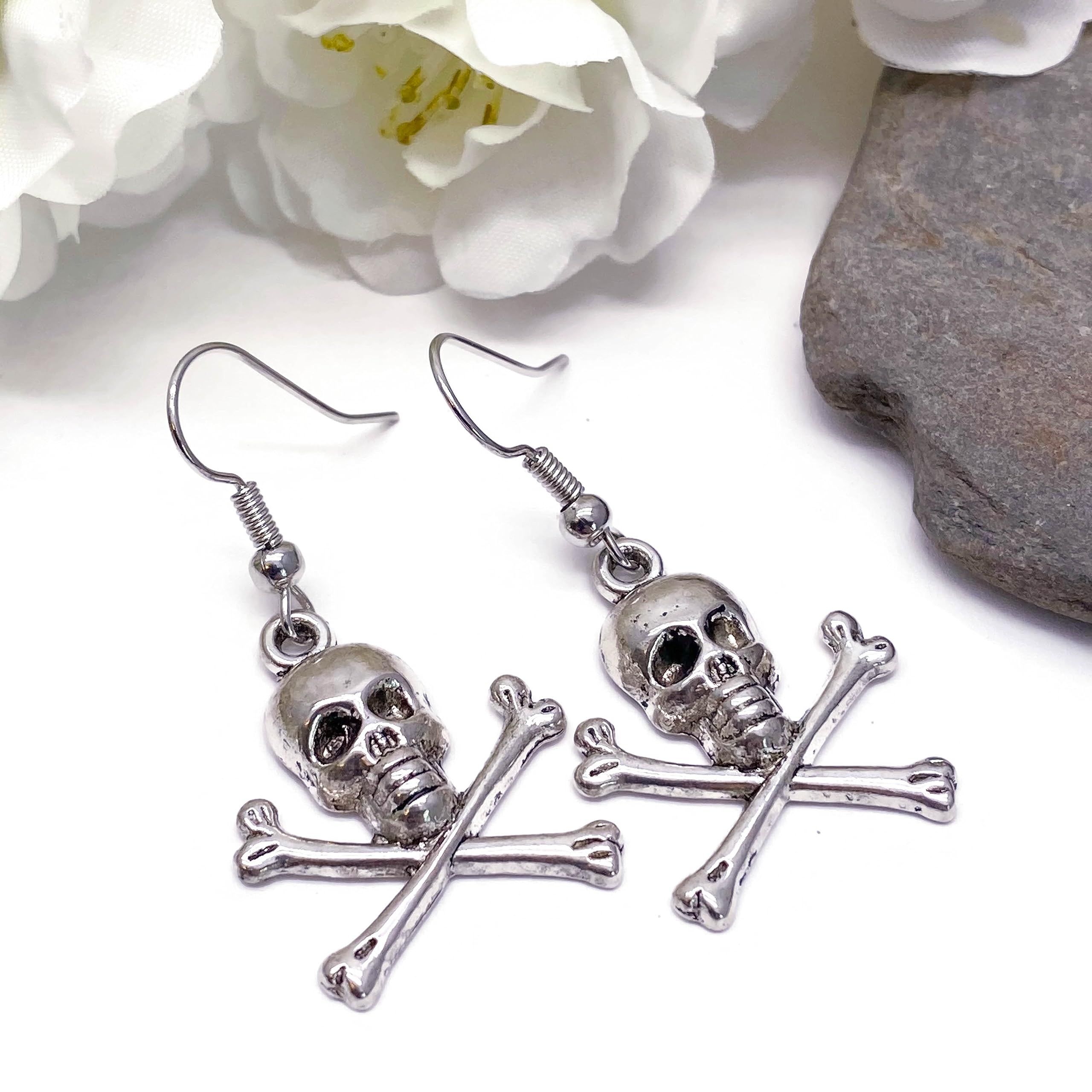 Skull and Crossbones Halloween Earrings - Tibetan Style Charms Nickel Free Silver Tone Hooks Scary and cute earrings