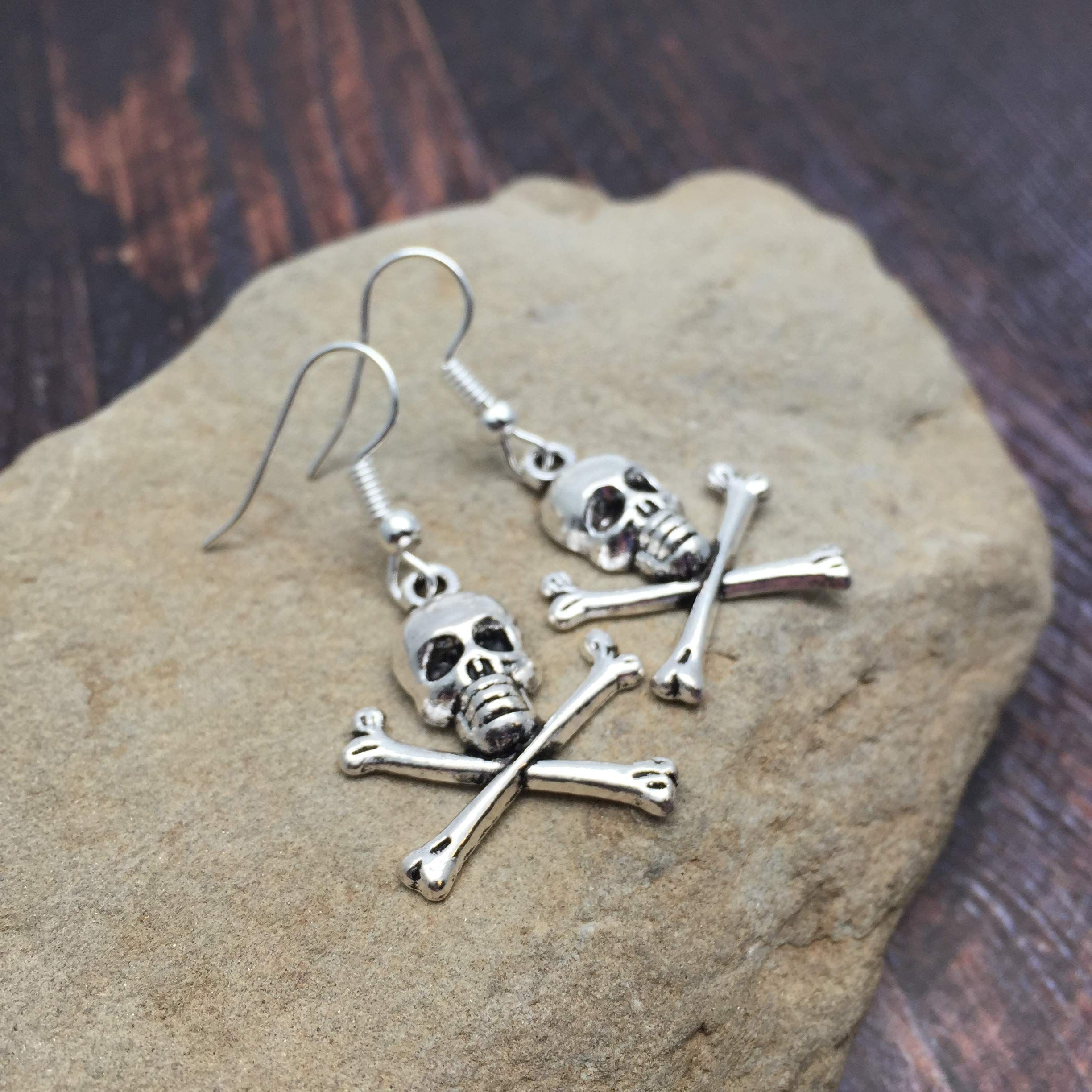 Skull and Crossbones Halloween Earrings - Tibetan Style Charms Nickel Free Silver Tone Hooks Scary and cute earrings