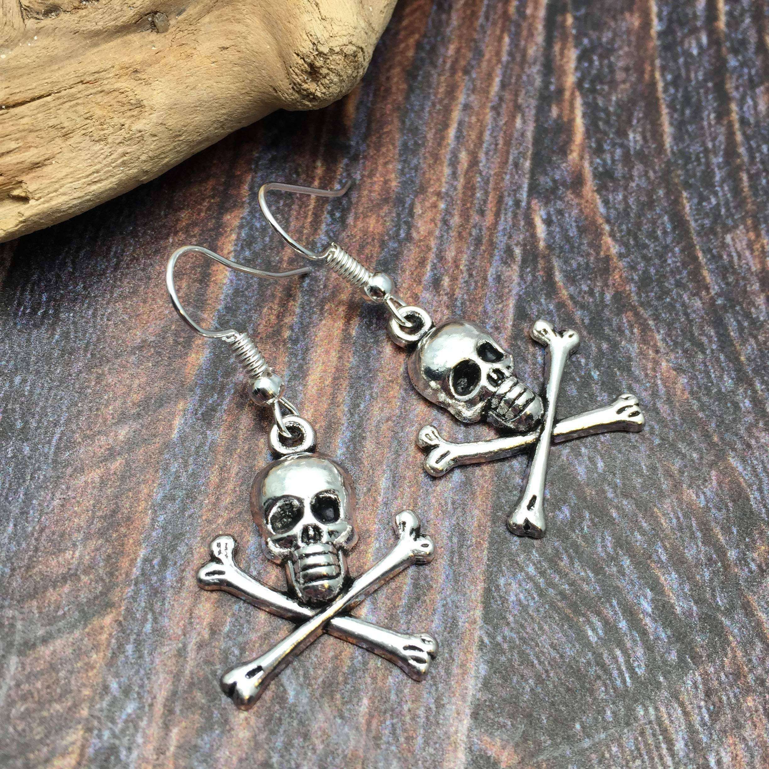 Skull and Crossbones Halloween Earrings - Tibetan Style Charms Nickel Free Silver Tone Hooks Scary and cute earrings