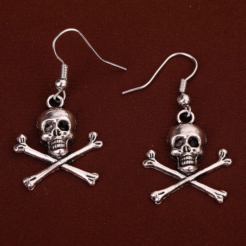 Skull and Crossbones Halloween Earrings - Tibetan Style Charms Nickel Free Silver Tone Hooks Scary and cute earrings