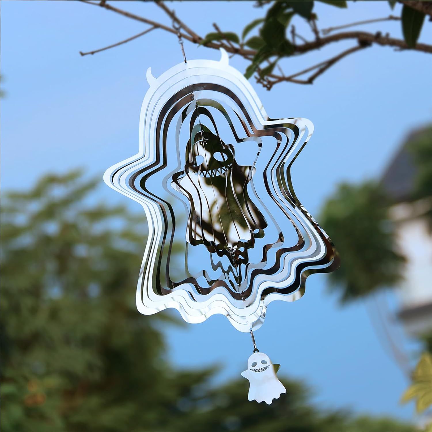 3D Stainless Steel Hanging Wind Powered Kinetic Ornaments Sculpture Halloween Decorations for Indoor Outdoor Spinner