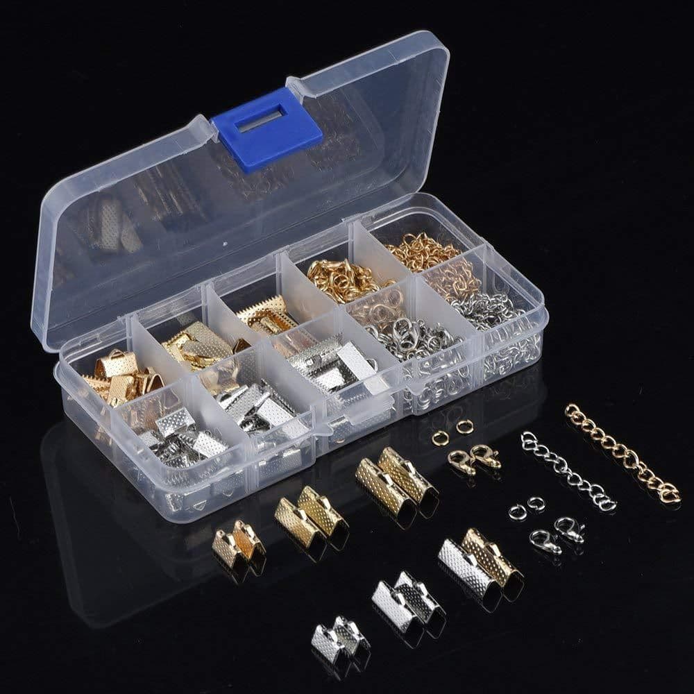 Ribbon Ends Kit with Lobster Clasps Jump Rings Earring Hooks Chain Extender Golden and Silver