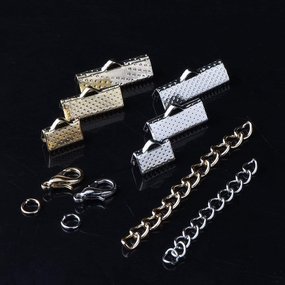 Ribbon Ends Kit with Lobster Clasps Jump Rings Earring Hooks Chain Extender Golden and Silver
