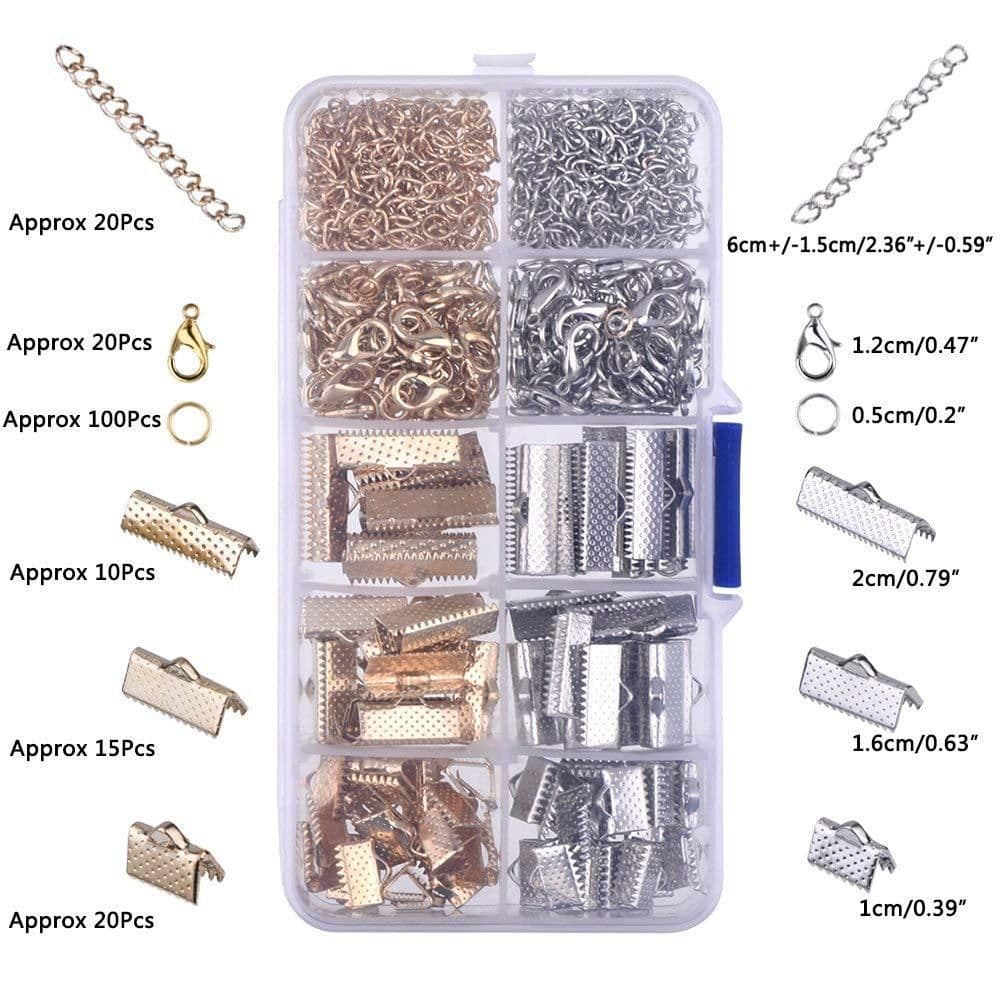 Ribbon Ends Kit with Lobster Clasps Jump Rings Earring Hooks Chain Extender Golden and Silver