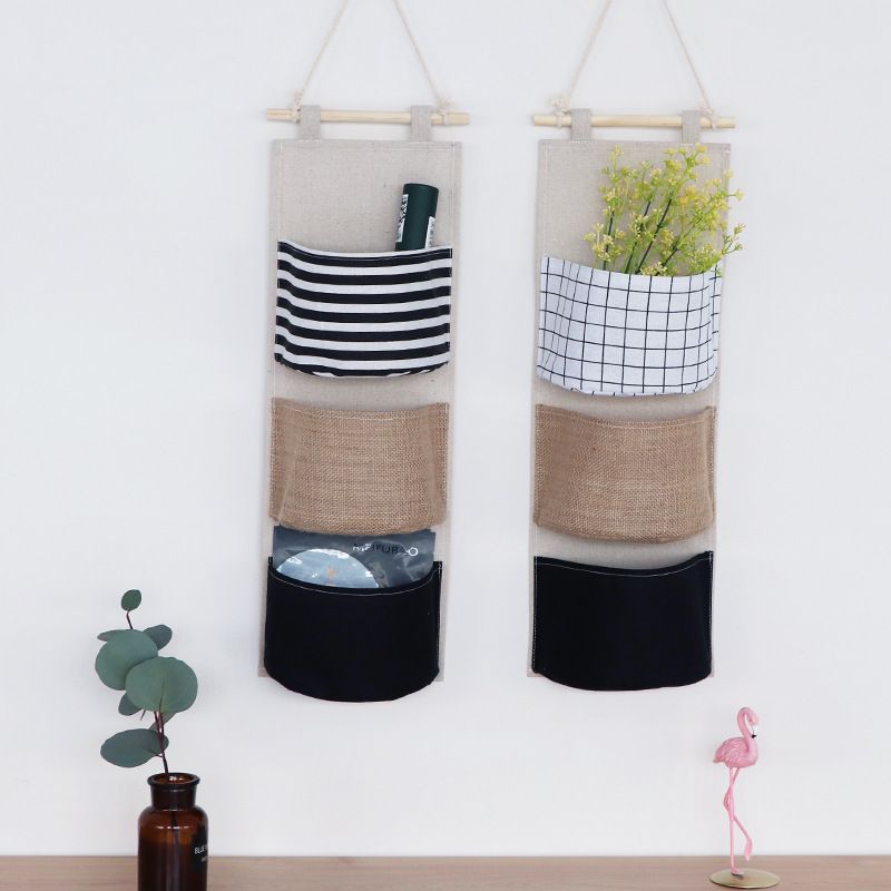 Wall Hanging Storage Bag, Over The Door Organizer, Wall Mounted Hanging Closet Organizer, 3 Pockets Linen Cotton Bathroom 2Pack