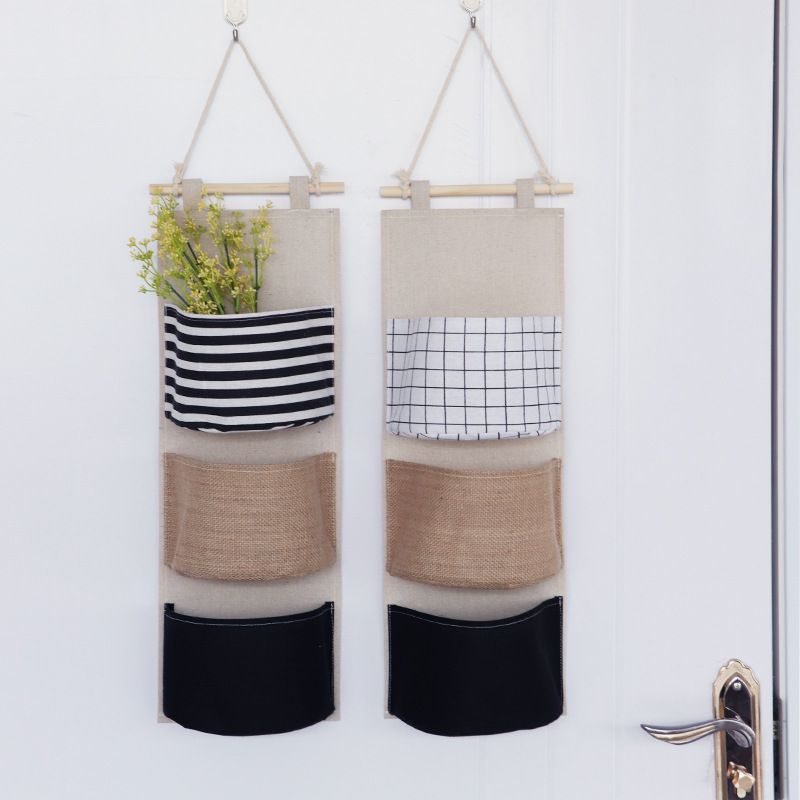 Wall Hanging Storage Bag, Over The Door Organizer, Wall Mounted Hanging Closet Organizer, 3 Pockets Linen Cotton Bathroom 2Pack