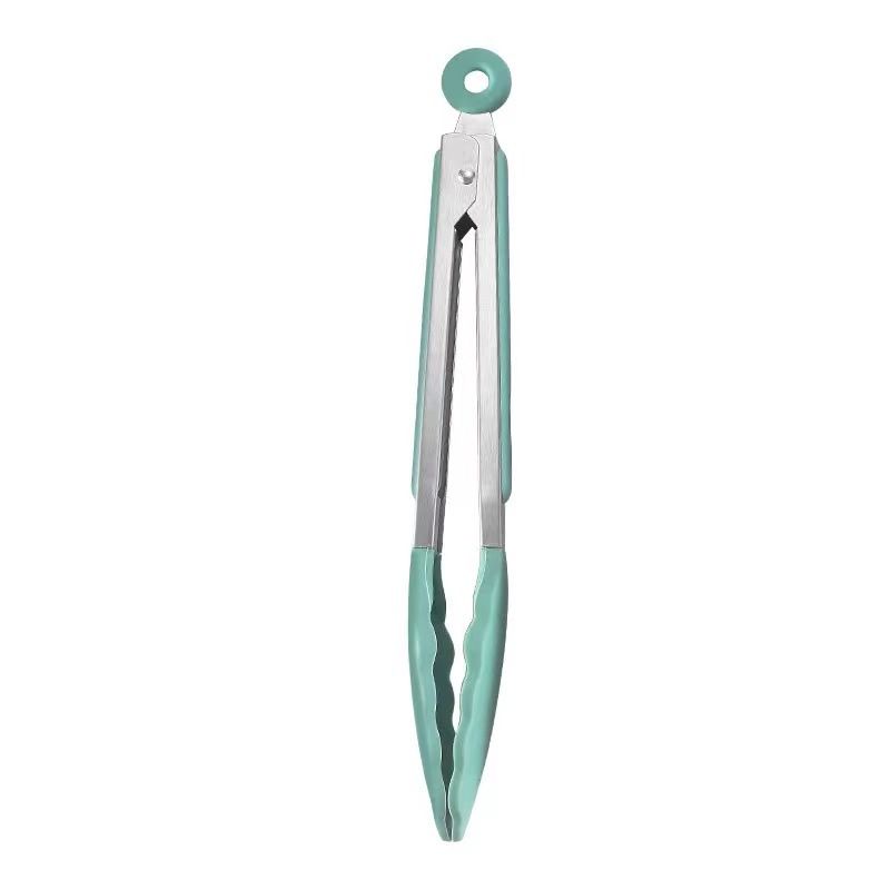 Stainless Steel Serving Kitchen Food Tongs with Non-Slip Silicone Grip for Serving, Cooking (Nordic green 9 inch)