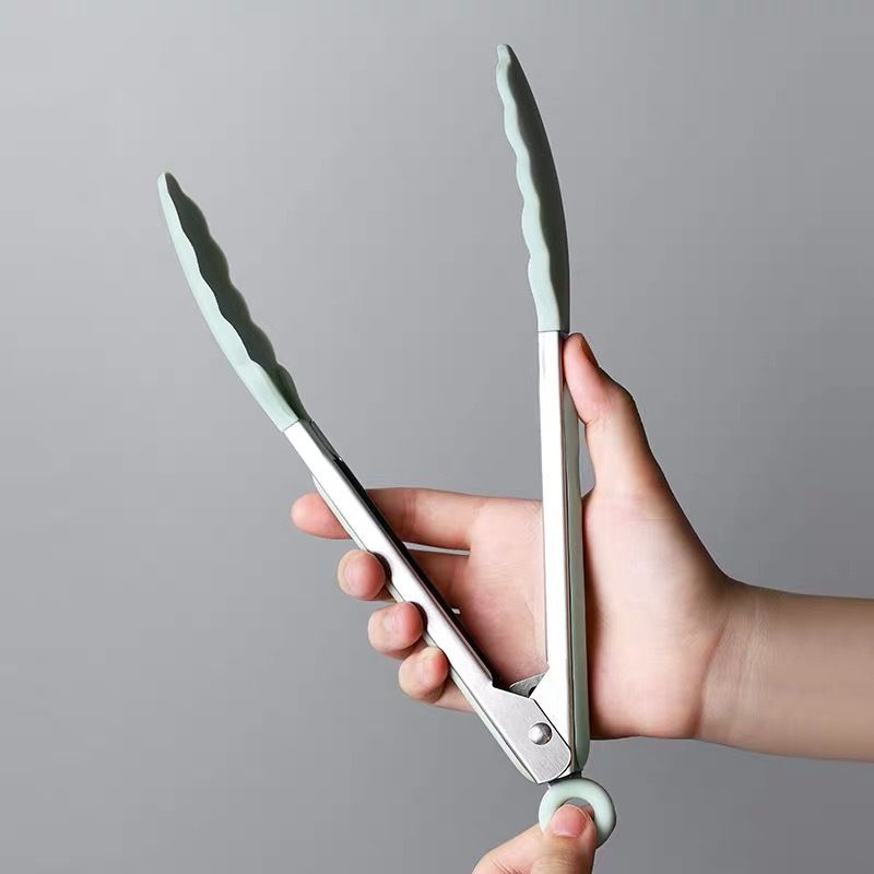 Stainless Steel Serving Kitchen Food Tongs with Non-Slip Silicone Grip for Serving, Cooking (Nordic green 9 inch)