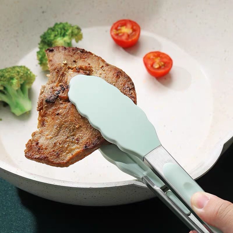 Stainless Steel Serving Kitchen Food Tongs with Non-Slip Silicone Grip for Serving, Cooking (Nordic green 9 inch)
