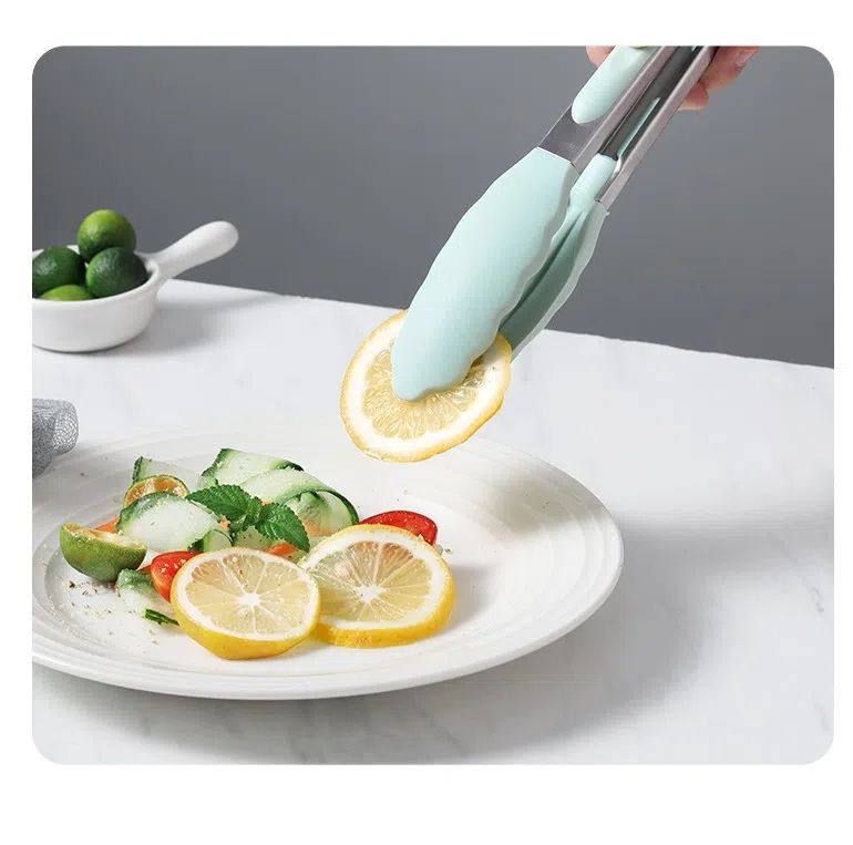 Stainless Steel Serving Kitchen Food Tongs with Non-Slip Silicone Grip for Serving, Cooking (Nordic green 9 inch)