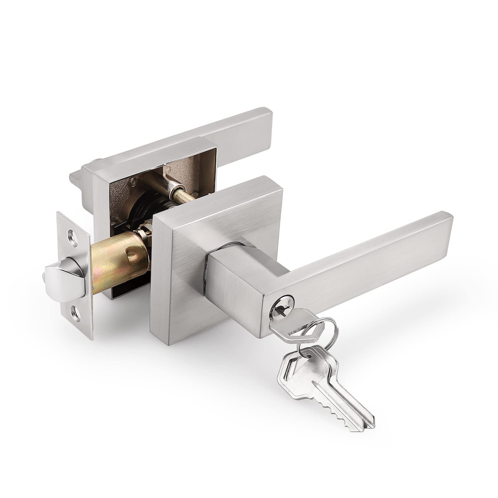 Square Rose Privacy Door Lever, Lock for Bed/Bath Modern Square Satin Nickel Entry Handle with Key Lock Latch Lever Lockset
