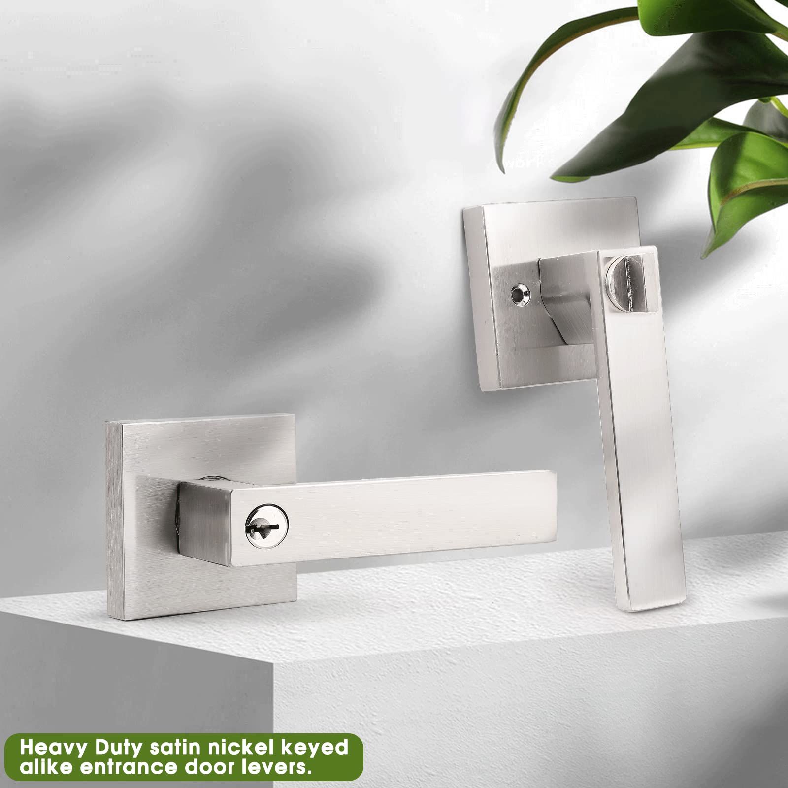 Square Rose Privacy Door Lever, Lock for Bed/Bath Modern Square Satin Nickel Entry Handle with Key Lock Latch Lever Lockset